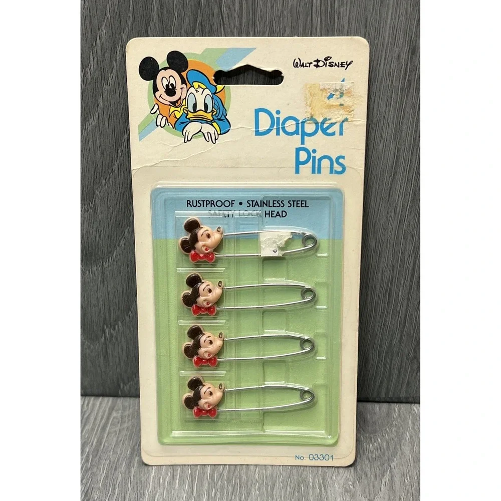 Vintage Walt Disney Mickey Mouse Diaper Pins Rustproof Stainless Steel‎ 4-Pack